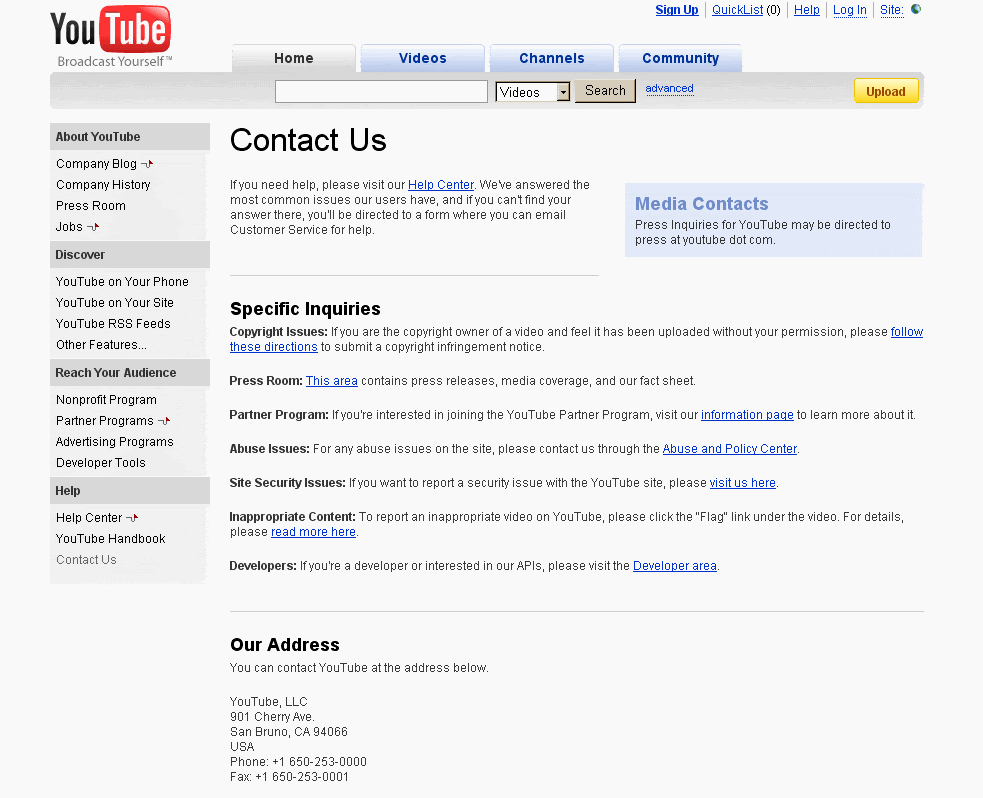 Youtube contact page