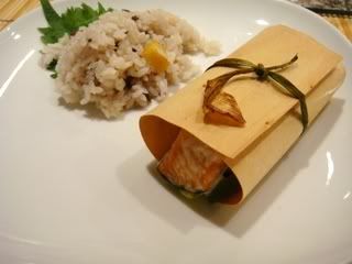 DSC01325.jpg Salmon baked with leeks and mushroom in cedar packet with chesnut and azumi bean rice picture by Colchester48