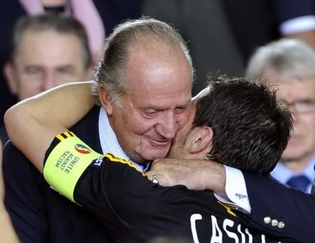 Spain's King Carlos embraces Spanish goalkeeper and captain Iker Casillas after Spain won the Euro 2008 championships final football match against Germany on June 29, 2008 at Ernst-Happel stadium in Vienna, Austria. Spain ended their 44-year wait for a major international title with a 1-0 victory over Germany at the Euro 2008 final. (AFP/Getty Images)