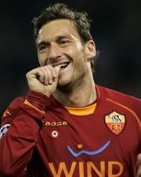 AS Roma forward Francesco Totti reacts after scoring during the Champions League group A soccer match between AS Roma and Bordeaux at Rome's Olympic stadium, Tuesday, Dec. 9, 2008. AS Roma won 2-0. (AP Photo by PIER PAOLO CITO)