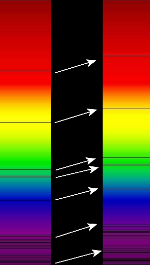 The absorption lines (black bars) are shifted toward the red end of the spectrum.
