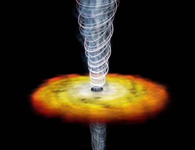 An artist's depiction of a Quasi Stellar Object. The accretion disk surrounds the galactic core emitting powerful jets of photons from the poles.