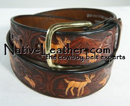 BIG Man LEATHER Belt Embossed DEER & WILDLIFE 681 Brown  